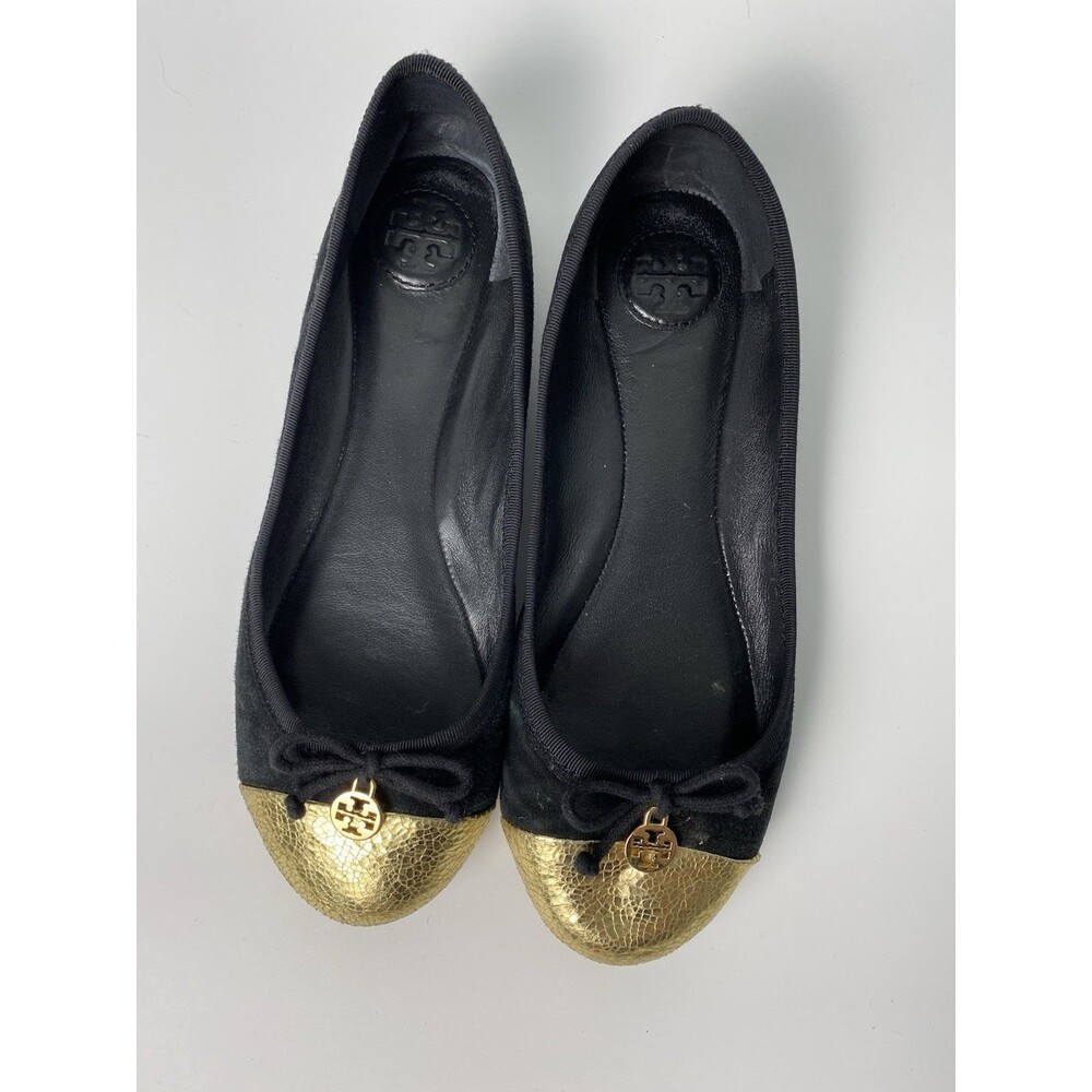 Tory Burch Black Suede Ballet Flats 7 M Gold Tip Designer Shoes With Medallion